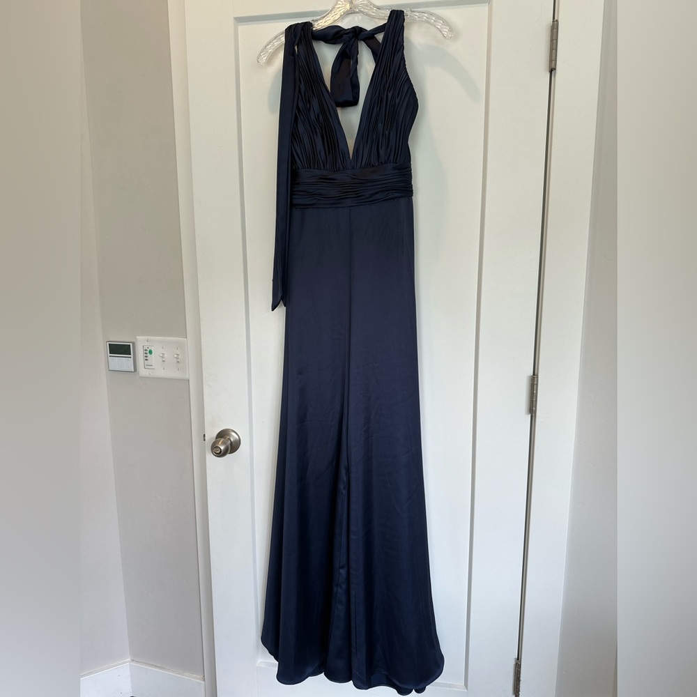 Ieena for Mac Duggal Navy Ruched Halter Top Wide Leg Satin Jumpsuit NWT, Sz 4 - Picture 2 of 9